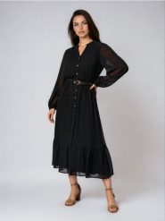 Sukienka midi szmizjerka - czarny. Czarne sukienki damskie Sinsay, l, bez wzorów, bez kołnierzyka, bez ramiączek, midi, szmizjerki. Za 69.99 zł.