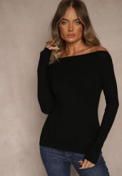 Czarna Wiskozowa Bluzka Longsleeve z Dekoltem Typu Łódka Zaide. Czarne bluzki damskie Renee, m, bez wzorów, z jeansu, sportowe, bez kołnierzyka, bez ramiączek. Za 59.99 zł.