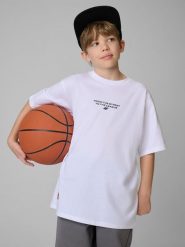 4F T-shirt loose z nadrukiem chłopięcy - biały 146/152 (10-12 lat). Białe t-shirty dla chłopców 4f, bez wzorów, z materiału, bez ramiączek. Za 59.99 zł.