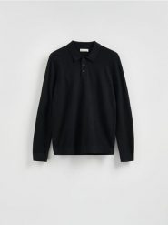 Sweter polo z bawełną - czarny. Czarne swetry przez głowę męskie Reserved, l, bez wzorów, z bawełny, bez kołnierzyka. Za 119.99 zł.