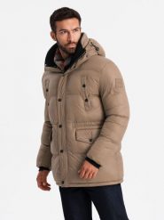 Długa męska kurtka puffer z zapinanymi kieszeniami – brązowa V2 OM-JALJ-0186 - XXL. Brązowe kurtki męskie Ombre Clothing, l, z aplikacjami, z materiału. W wyprzedaży za 249.99 zł.