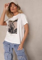 Biały Bawełniany T-shirt z Brokatem i Nadrukiem Nalamis. Białe bluzki damskie Renee, m, z aplikacjami, z bawełny, eleganckie, bez kołnierzyka. Za 34.99 zł.