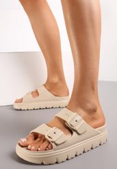 Beżowe Klapki z Regulowanymi Paskami na Platformie Idama. Brązowe klapki damskie Renee, bez wzorów, eleganckie, bez obcasa, na platformie. Za 39.99 zł.