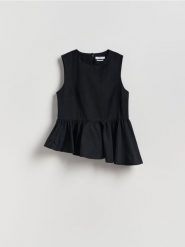 Bluzka z baskinką - czarny. Czarne bluzki damskie Reserved, l, bez wzorów, z bawełny, bez kołnierzyka, bez ramiączek. Za 139.99 zł.