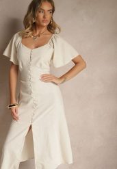Beżowa Bawełniana Sukienka z Wiązaniem i Guzikami Kolarissa. Brązowe sukienki damskie Renee, na co dzień, l, bez wzorów, z bawełny, eleganckie, bez kołnierzyka, bez ramiączek, midi, dopasowane. Za 119.99 zł.