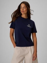 4F T-shirt relaxed z nadrukiem damski - granatowy M. Niebieskie koszulki sportowe damskie 4f, m, bez wzorów, z bawełny, bez kołnierzyka, bez ramiączek. Za 69.99 zł.