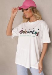 Biały T-shirt Oversize Ozdobiony Napisem i Kolorowymi Gwiazdami Ilamora. Białe bluzki damskie Renee, l, bez wzorów, z jeansu, eleganckie, bez kołnierzyka. Za 39.99 zł.
