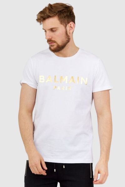 BALMAIN Biały t-shirt męski ze złotym logo, Rozmiar S. Białe t-shirty męskie Balmain, l, bez wzorów, bez kołnierzyka. W wyprzedaży za 1,045.99 zł.