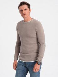Bawełniany sweter męski z okrągłym dekoltem - zimny beż V9 OM-SWSW-0103 - XXL. Brązowe swetry przez głowę męskie Ombre Clothing, m, bez wzorów, z bawełny, bez kołnierzyka. W wyprzedaży za 69.99 zł.