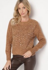 Brązowy Sweter z Bawełną Ozdobiony Cekinami Savalenne. Brązowe swetry damskie Born2be, z aplikacjami, z bawełny, klasyczne, bez kołnierzyka, bez ramiączek, długie, bez kaptura. Za 69.99 zł.