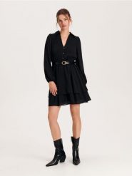 Sukienka mini z falbanami - czarny. Czarne sukienki damskie Reserved, l, bez wzorów, z tkaniny, bez kołnierzyka, bez ramiączek, mini, rozkloszowane. W wyprzedaży za 59.99 zł.