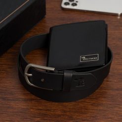 Zestaw prezentowy męski skórzany pasek portfel pudełko premium czarny Beltimore Z25. Czarne paski damskie bez wzorów. Za 129.99 zł.