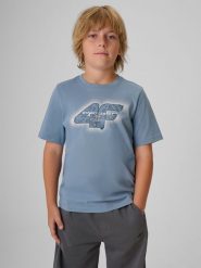 4F T-shirt regular z nadrukiem chłopięcy - denim 140 (9-10 lat). T-shirty dla chłopców 4f, bez wzorów, z bawełny, bez ramiączek. Za 49.99 zł.