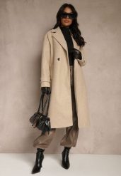 Beżowy Elegancki Płaszcz z Wełny i Wiskozy o Dwurzędowym Kroju Oversize Tilisana. Brązowe płaszcze damskie Renee, s, bez wzorów, z poliesteru, eleganckie, bez kaptura. Za 279.99 zł.