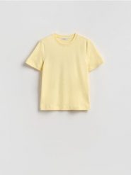 T-shirt z bawełny merceryzowanej - żółty. Żółte t-shirty damskie Reserved, l, bez wzorów, z bawełny, bez kołnierzyka. Za 79.99 zł.