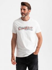 Bawełniany męski t-shirt z podwójnym printowanym logotypem – biały V1 - Rozmiar: M. Białe t-shirty męskie Ombre Clothing, m, bez wzorów, z bawełny, eleganckie, bez kołnierzyka. W wyprzedaży za 24.99 zł.