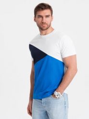 T-shirt męski trójkolorowy bawełniany - biało-niebieski V4 - Rozmiar: S. Białe t-shirty męskie Ombre Clothing, m, bez wzorów, z bawełny, klasyczne, bez kołnierzyka. W wyprzedaży za 35.00 zł.