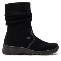 Botki Rieker. Czarne botki damskie Rieker, bez obcasa, na płaskiej podeszwie, bez zapięcia. Za 279.99 zł.