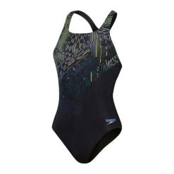 Damski kostium kąpielowy 1-częściowy Speedo Eco+M. Czarne kostiumy jednoczęściowe damskie Speedo, l, bez wzorów, z materiału, eleganckie, do pływania. Za 253.50 zł.