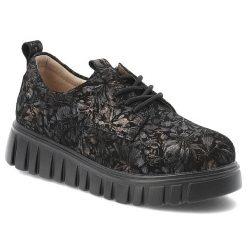 Sneakersy damskie Filippo, skórzane we wzorki na platformie z okrągłym noskiem i sznurowane, czarne w kwiaty, DP6846-25-BK-FL. Czarne półbuty damskie Filippo, z aplikacjami, eleganckie, z okrągłym noskiem, bez obcasa, na platformie, bez zapięcia. Za 159.00 zł.