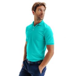 Koszulka polo do golfa z krótkim rękawem męska Inesis WW500. Niebieskie buty sportowe męskie INESIS, l, bez wzorów, z materiału, bez kołnierzyka, bez ramiączek, na golfa. Za 79.99 zł.