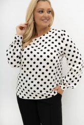 Biała bluzka w czarne grochy Dot Darling z dekoracyjnymi rękawami 100% wiskoza Plus Size Oversize. Białe tuniki damskie Moda Size Plus Iwanek, plus size, bez wzorów, z jeansu, biznesowe, bez kołnierzyka, plus size, bez ramiączek. Za 229.90 zł.