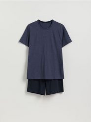 Dwuczęściowa piżama z bawełny - granatowy. Niebieskie piżamy męskie Reserved, l, bez wzorów, z bawełny, bez ramiączek. Za 79.99 zł.