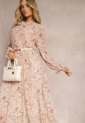 Jasnobeżowa Rozkloszowana Sukienka z Wiązaniem przy Szyi w Print Paisley Clarosa. Brązowe sukienki damskie Renee, do pracy, na lato, l, bez wzorów, biznesowe, bez kołnierzyka, bez ramiączek, maxi, rozkloszowane. Za 129.99 zł.