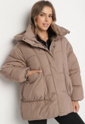 Ciemnobeżowa Pikowana Kurtka o Kroju Oversize z Kapturem Galandia. Brązowe kurtki damskie Born2be, xl, bez wzorów, z jeansu, z kapturem. Za 199.99 zł.