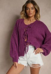 Fioletowy Kardigan z Wełną o Kroju Oversize z Wiązanymi Kokardami Elearina. Fioletowe kardigany damskie Renee, bez wzorów, z jeansu, eleganckie. Za 139.99 zł.