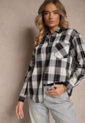 Czarno-Biała Bawełniana Koszula w Kratę z Pojedynczą Kieszonką Annisen. Czarne bluzki damskie Renee, l, bez wzorów, z bawełny, eleganckie, bez kołnierzyka, bez ramiączek. Za 49.99 zł.