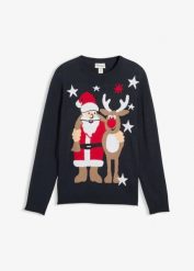 Sweter z bożonarodzeniowym motywem. Niebieskie swetry przez głowę męskie bonprix, m, bez wzorów, bez kołnierzyka. Za 129.99 zł.
