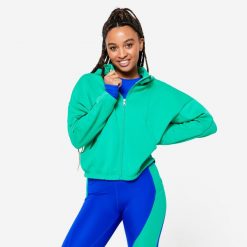 Bluza z kapturem damska Domyos fitness. Zielone bluzy sportowe damskie DOMYOS, xl, bez wzorów, z bawełny, z kapturem, na fitness i siłownię. Za 129.99 zł.
