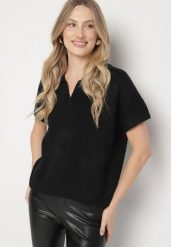 Czarny Sweter z Wełną z Krótkim Rękawem i Kołnierzykiem Tevalina. Czarne swetry damskie Born2be, uniwersalny, bez wzorów, z jeansu, eleganckie, bez kołnierzyka, bez ramiączek, krótkie, bez kaptura. Za 129.99 zł.