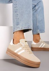 Beżowe Sneakersy na Platformie z Minimalistycznymi Przeszyciami Teritha. Brązowe obuwie sportowe damskie Born2be, bez wzorów, z jeansu, na fitness i siłownię. Za 109.99 zł.