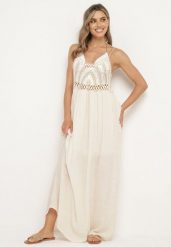 Jasnobeżowa Sukienka na Cienkich Ramiączkach z Plecioną Górą o Rozkloszowanym Kroju Wbeviana. Brązowe sukienki damskie Born2be, na co dzień, bez wzorów, bez kołnierzyka, bez ramiączek, maxi, proste. Za 129.99 zł.