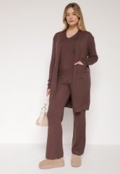 Brązowy Komplet Dzianinowy z Bawełną Spodnie Kamizelka i Długi Kardigan Meviravia. Brązowe kardigany damskie Born2be, bez wzorów, z bawełny. Za 139.99 zł.