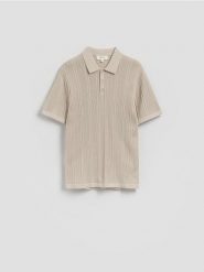 Ażurowa koszulka polo - beżowy. Brązowe koszulki polo męskie Reserved, l, w ażurowe wzory, z bawełny, bez ramiączek. Za 159.99 zł.