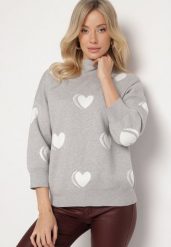 Szary Sweter z Modalem i Wiskozą w Serca Zeanita. Szare swetry damskie Born2be, m, bez wzorów, z jeansu, eleganckie, bez kołnierzyka, bez ramiączek, bez kaptura. Za 109.99 zł.