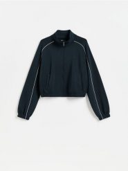 Bluza z kontrastową lamówką - granatowy. Niebieskie bluzy damskie Reserved, l, bez wzorów, z dzianiny, bez kaptura. Za 139.99 zł.