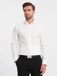 Klasyczna męska bawełniana koszula SLIM FIT w kotwice - biała V3. Białe koszule męskie Ombre Clothing, l, bez wzorów, z bawełny, klasyczne, bez kołnierzyka, bez ramiączek. W wyprzedaży za 69.99 zł.