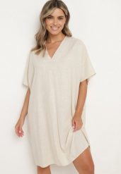 Beżowa Bawełniana Sukienka o Pudełkowym Kroju z Dekoltem w Serek Vikonia. Brązowe sukienki damskie Born2be, na co dzień, plus size, bez wzorów, z bawełny, eleganckie, bez kołnierzyka, plus size, bez ramiączek, midi. Za 89.99 zł.