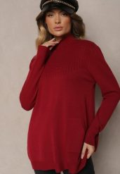Bordowy Sweter Półgolf z Bawełną i Kieszenią z Przodu Emittes. Czerwone swetry damskie Renee, l, bez wzorów, z bawełny, eleganckie, bez kołnierzyka, bez ramiączek, długie, bez kaptura. Za 84.99 zł.