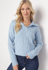 Niebieski Klasyczny Sweter w Ozdobny Splot Mulls. Niebieskie swetry damskie Born2be, bez wzorów, z dzianiny, klasyczne, bez kołnierzyka, bez ramiączek, bez kaptura. Za 109.99 zł.