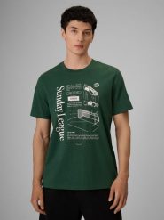 4F T-shirt regular z nadrukiem męski - zielony M. Zielone t-shirty męskie 4f, m, bez wzorów, z bawełny, klasyczne, bez kołnierzyka. Za 79.99 zł.