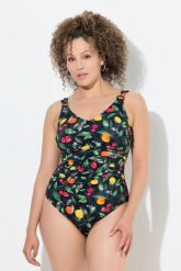 Damski Kostium kąpielowy owoce marszczenie miękkie miseczki. Czarne kostiumy jednoczęściowe damskie Ulla Popken, plus size, bez wzorów, z elastanu, plus size, do pływania. Za 191.99 zł.