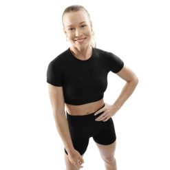 Damska bezszwowa sportowa koszulka crop top z krótkim rękawem Fitness Siroko A. Czarne koszulki sportowe damskie SIROKO, s, bez wzorów, z materiału, bez kołnierzyka, bez ramiączek, na fitness i siłownię. Za 105.00 zł.