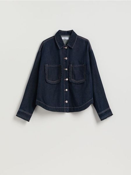 Koszula z falbankami - granatowy. Niebieskie koszule damskie Reserved, l, bez wzorów, z bawełny, bez kołnierzyka, bez ramiączek. Za 139.99 zł.