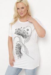 Biały T-shirt z Ozdobnym Nadrukiem i Cyrkoniami Colilena. Białe bluzki damskie Born2be, uniwersalny, bez wzorów, eleganckie, bez kołnierzyka, bez ramiączek. Za 49.99 zł.