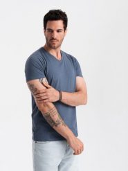 Męska klasyczna bawełniana koszulka z dekoltem w serek BASIC – niebieski melanż V18 OM-TSBS-0145 - XXL. Niebieskie t-shirty męskie Ombre Clothing, l, bez wzorów, z bawełny, klasyczne, bez kołnierzyka. W wyprzedaży za 24.99 zł.